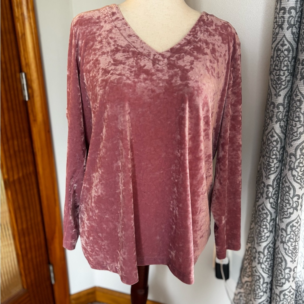 J Jill Velvet V-Neck Long Sleeve Top - Pink  size Large